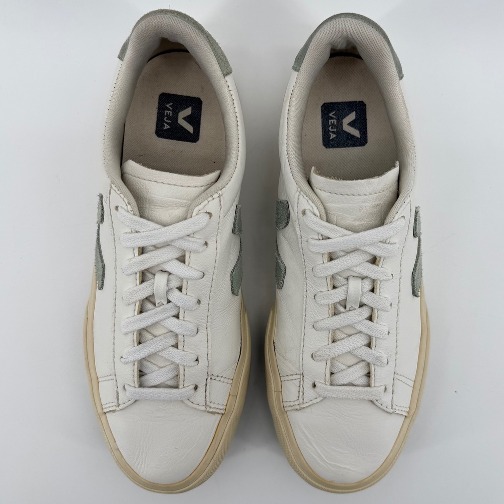 Veja Campo Sneakers Women's 8 White Sage Green Leather Suede Low Top Lace Up - Picture 6 of 9